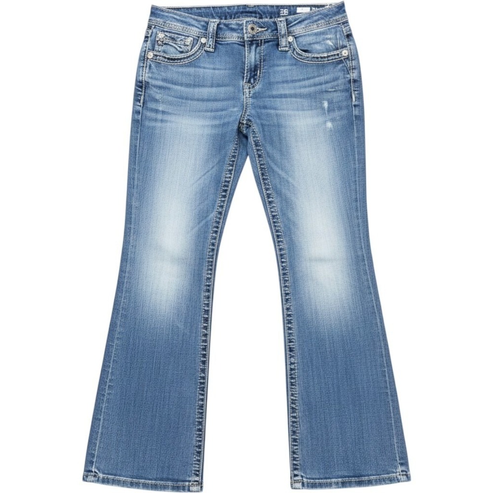 Miss Me Bootcut Jeans Womens 31 Blue Good Fleur De Lis Embroidered Studded Y2K